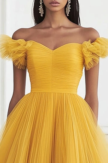 Off The Shoulder Ruched Tulle Yellow Prom Dress